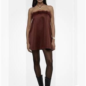 WeWoreWhat Strapless Mini Dress Size 0 Brown Duchess Satin Feather Trim NWT $138